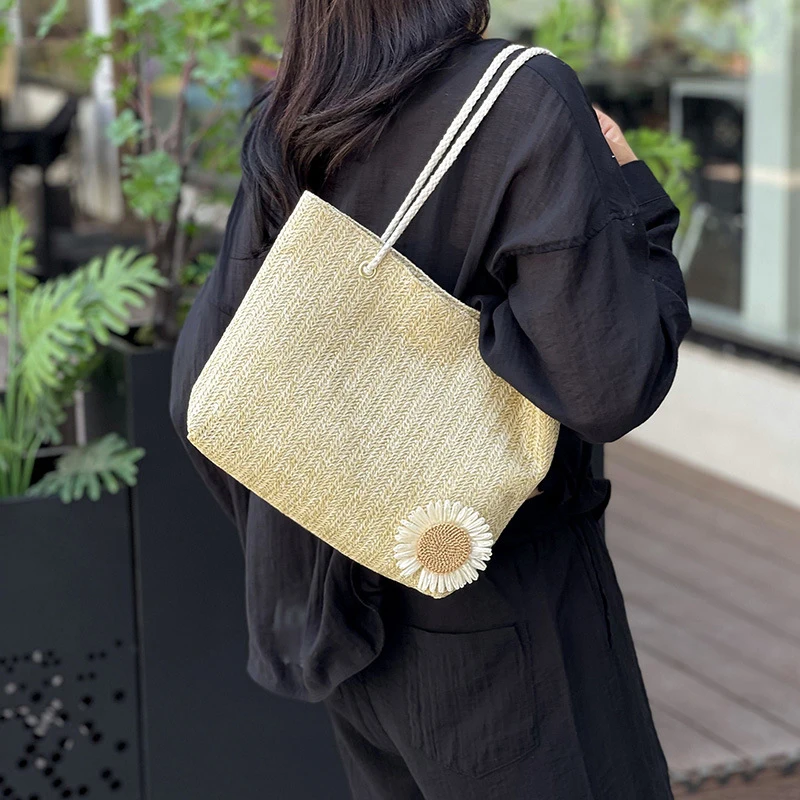 Women Straw Shoulder Bag Large Capacity Tote Bag Hand-woven Handbag Fashion Summer Beach-Bag Ladies Trendy Underarm Bag