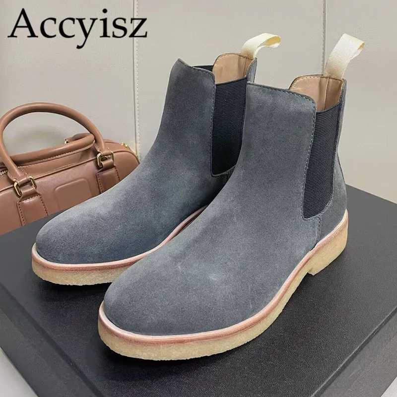 

Autumn Winter Round Toe Suede Thick Bottom Short Boots Unisex Solid Color Elastic Band Ankle Boots British Style Riding Botas