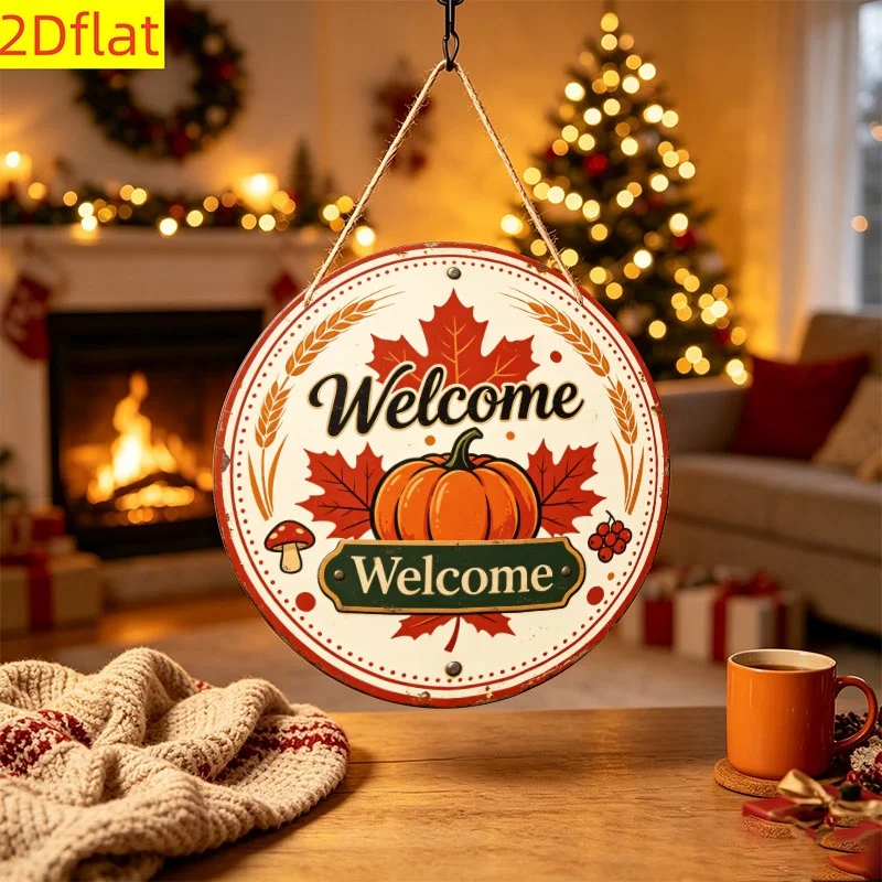 2D Flat, 1pc Wooden Round Sign, Perfect for Halloween, Christmas, Thanksgiving, Autumn Harvest Season Event Decoration, Front Do