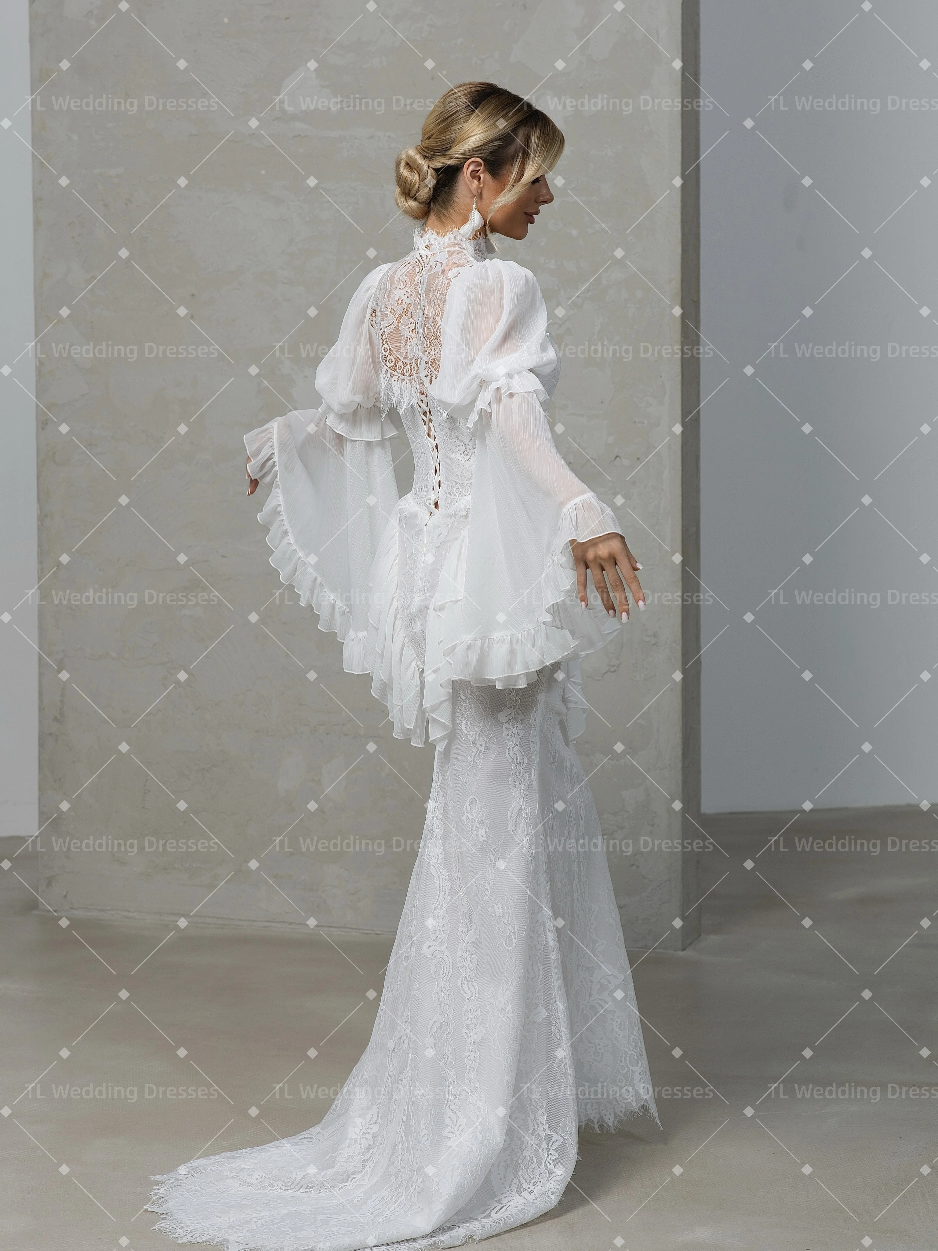 TL Customized 2027 Vintage Boho Lace Wedding Dress High Neck Long Bell Sleeves Corset Ruffle Mermaid Bridal Gown Custom Made
