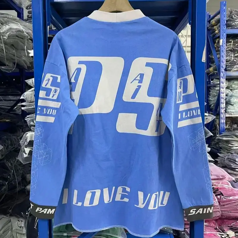 سباق نمط الأزرق سانت كم طويل تي شيرت الرجال امرأة خمر غسلها تفعل القديمة شارع العليا إلكتروني طباعة جولة الرقبة أعلى