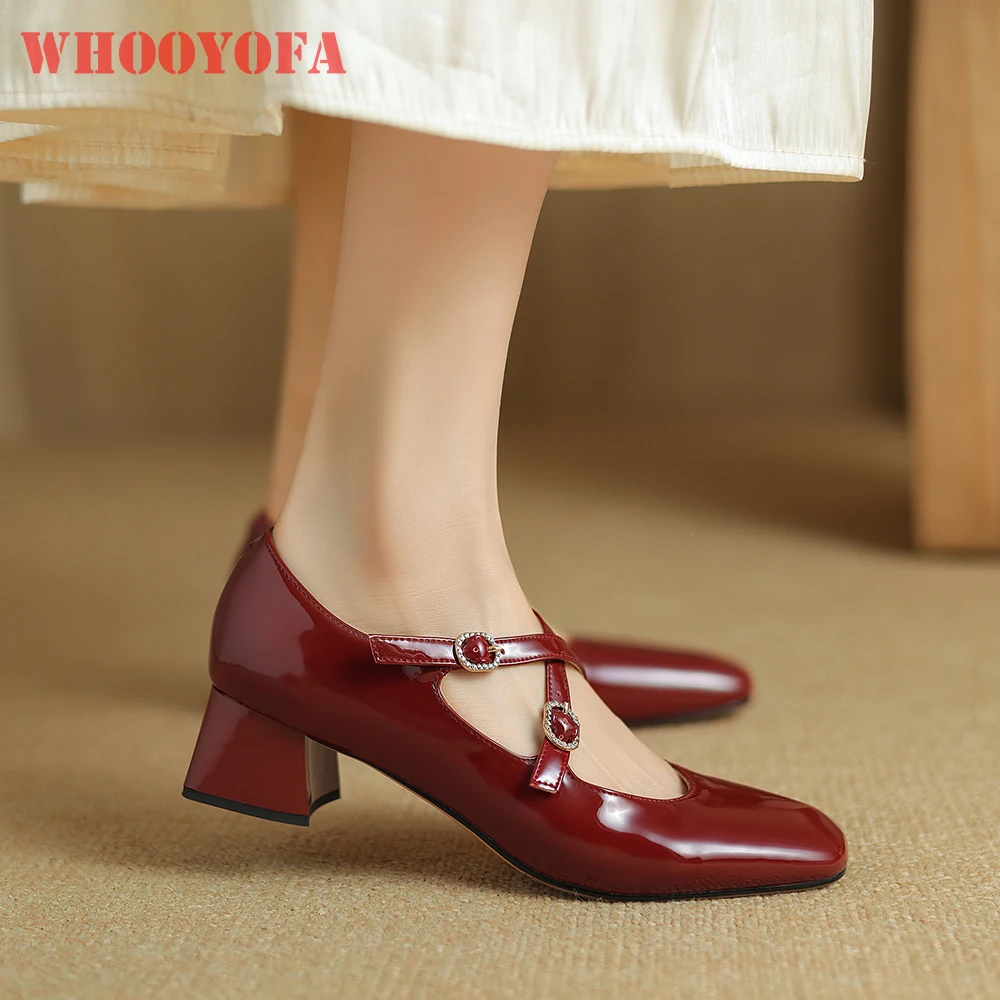 

2025 Brand New Sheepskin Wine Red Black Women Pumps Hot 4cm Med Square Heels Lady Party Shoes Plus Big Small Size 31 43 48