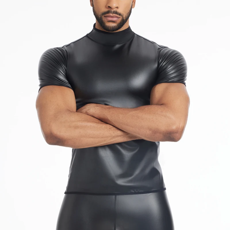 New Men Stand collar Body Shaper T-Shirt Faux Leather Short Sleeve Tops Slimming Shirt Waist Trainer Leather Shapewear Underwear