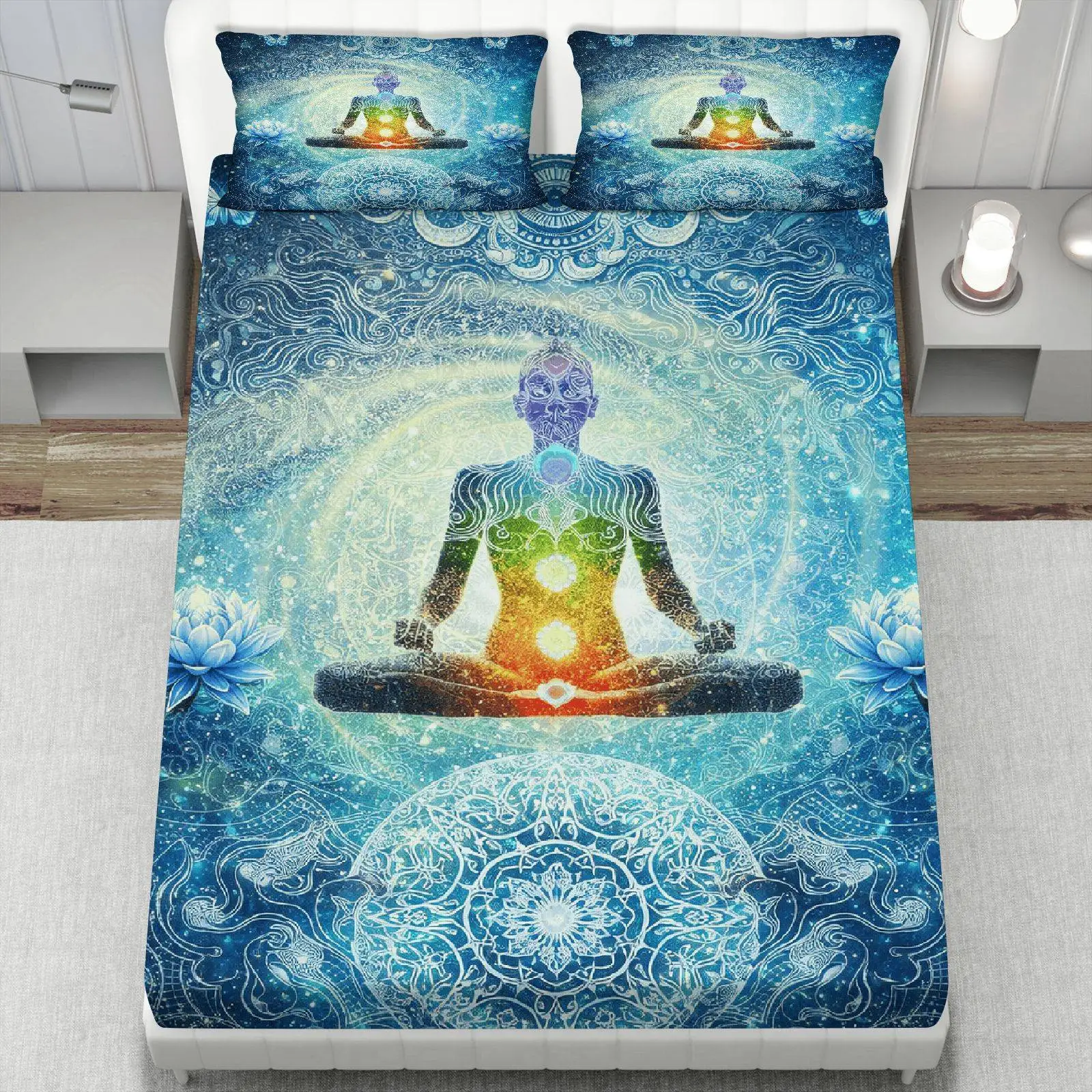 Yoga Fitted Sheet Boho Mandala Bed Sheets for Boys Girls Yoga Lover Chakra Meditation Bedding Set Twin Queen Deep Pocket Sheet