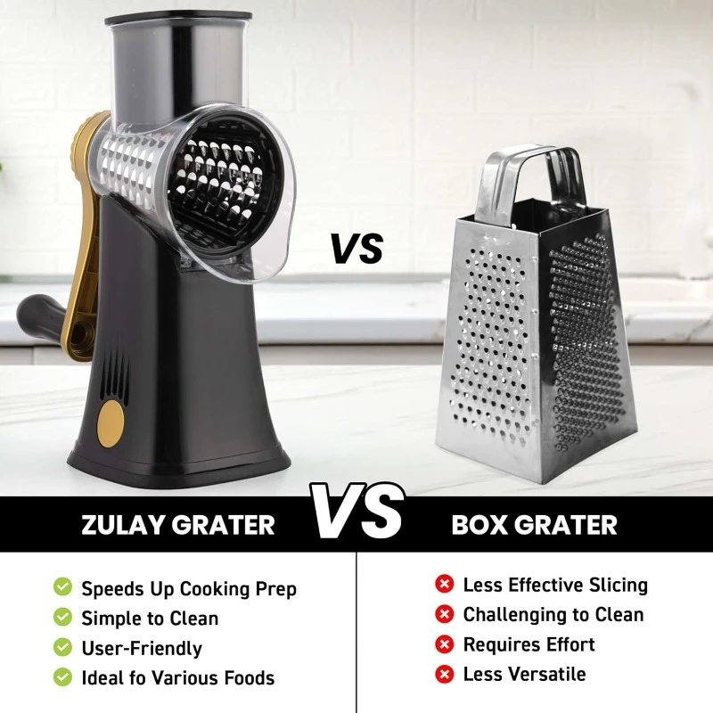 Rotary Cheese Grater 5 Blade Cheese Shredder - Manual Hand Crank Cheese Grater With Reinforced Suction & 5 Interchangeable Drums