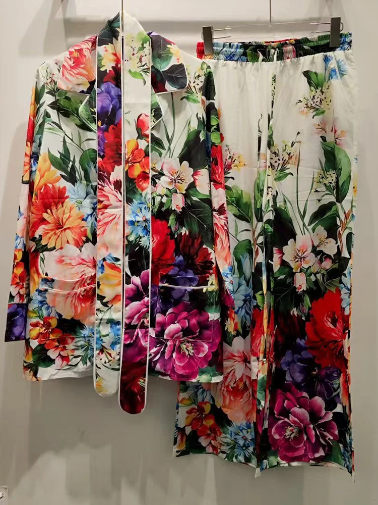 

Autumn new casual printed women's pants single-breasted long-sleeved lace-up waist shirt high waist wide-leg pants two-piece sui