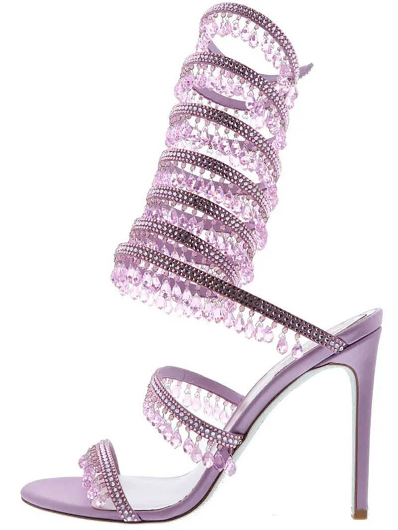 

Crystal Diamond Ankle Strap Sandals Women Peep Toe Slip-on Fairy Gladiator Sandals Ladies Thin High Heels Dress Wedding Shoes