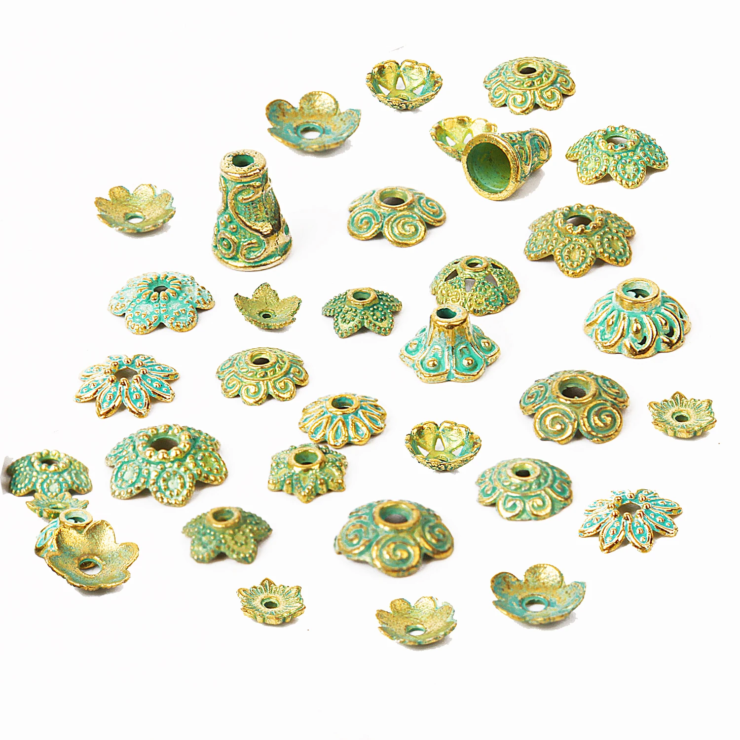 150pcs Mixed Antique Green Gold End Bead Caps Carved Flower Beads for Jewelry Making Women Necklace Bracelet DIY Accessories