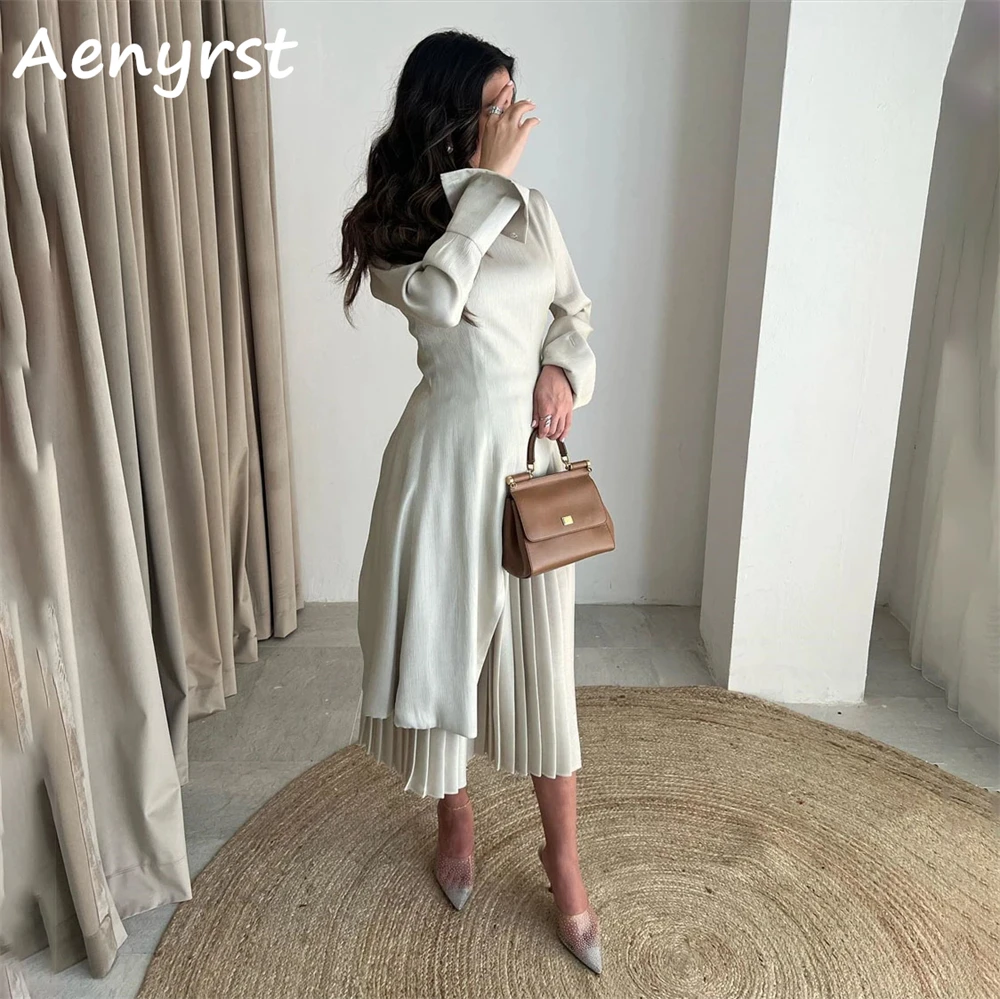 

Aenyrst Saudi Arabia O-Neck Long Sleeves Prom Dresses Elegant A Line Pleated Evening Gowns Tea-Length New Party Dress For Women