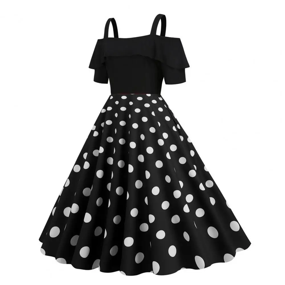 

Strapless Dress Retro Off-shoulder Midi Dress with Ruffles Sleeve Dot Print Elegant Vintage Spaghetti Strap Party for Women