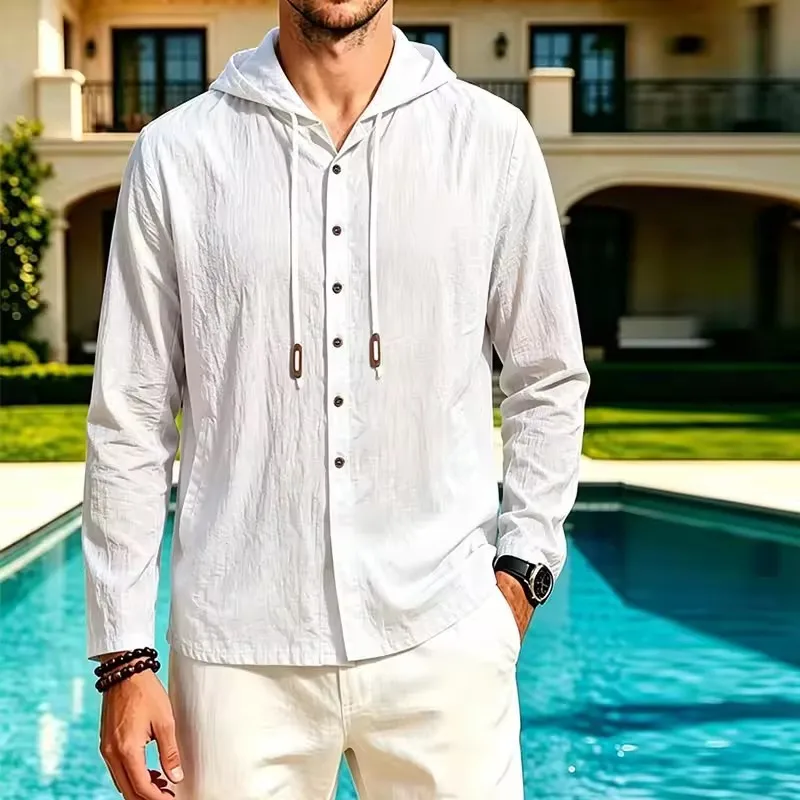 Men's Cotton Linen Hooded Long Sleeve Shirt 2026 New Casual Button down Blouse Drawstring Hood for Beach Vacation Travel Daily W
