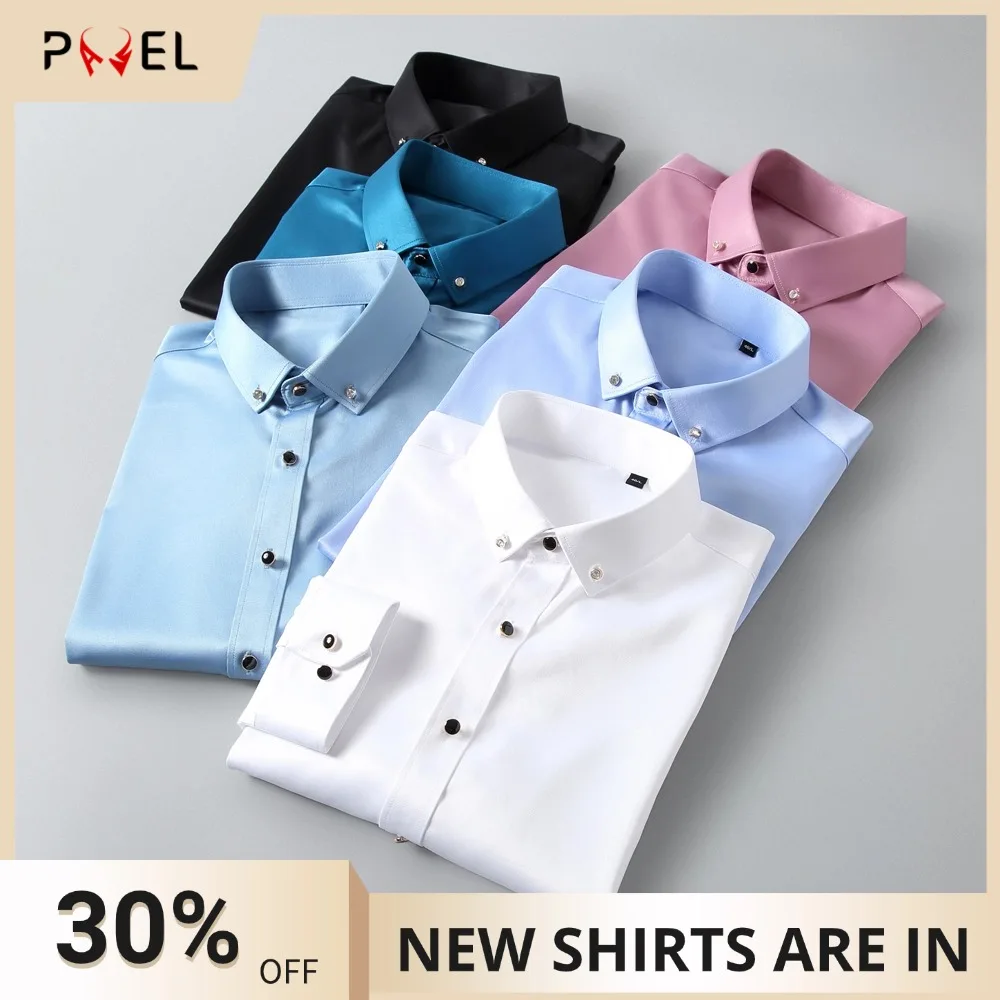 

Men's Old Money Style Sleek Stretch Dress Shirts Formal Wedding Prom Business Long Sleeve Button Down Shirt with Diamond Buttons