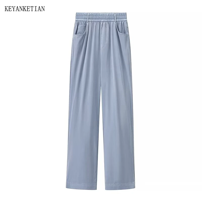 

KEYANKETIAN 2026 Summer New Woman Casual Straight Leg Tencel Denim Pants Elastic High Waist Light Blue Loose Jeans Trousers