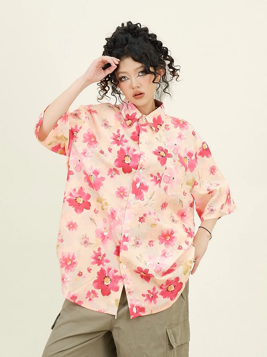 

Dopamine Floral Short-sleeved Shirts Women's 2024 Summer New Loose Bf American Hawaiian Top Trendy