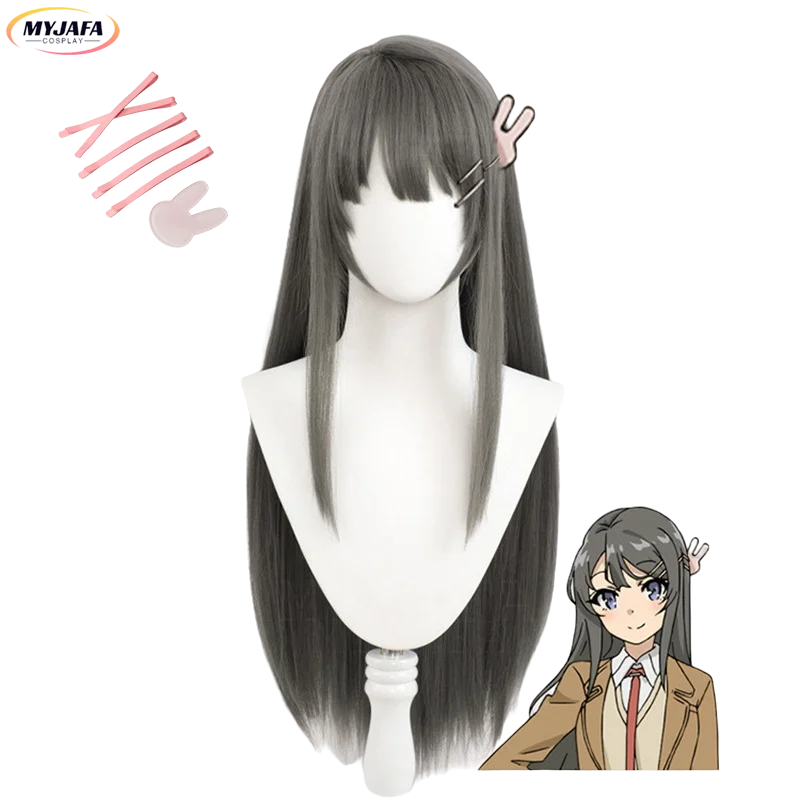 Sakurajima Mai Cosplay Wig Rascal Does Not Dream Of Bunny Girl Senpai Long Straight Black Gray Hair Anime Wigs + Wig Cap