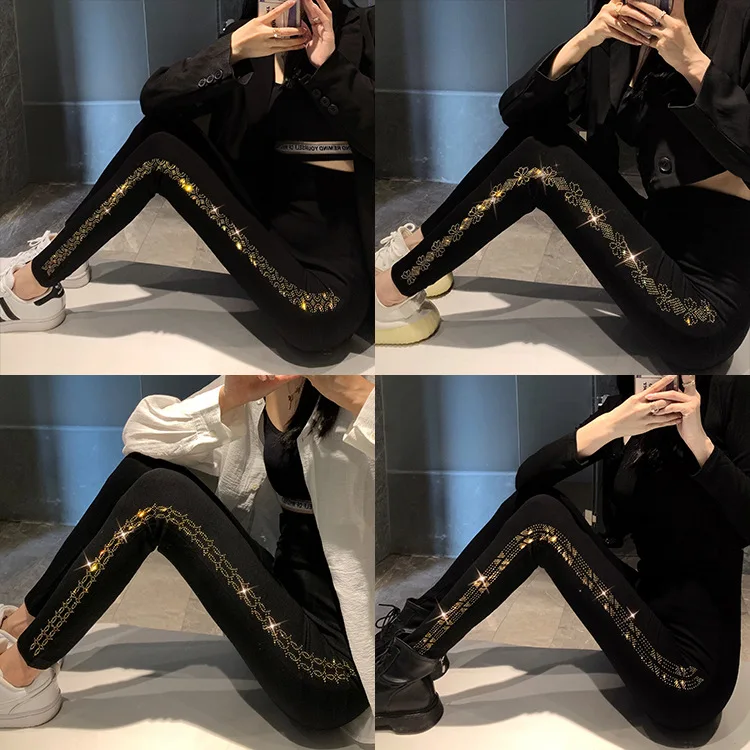 Modal Leggings Women All-match Four Seasons Wear Ankle-length Bottoms Pants High Waist Shiny Hot Diamond Stretch Pencil Leggings