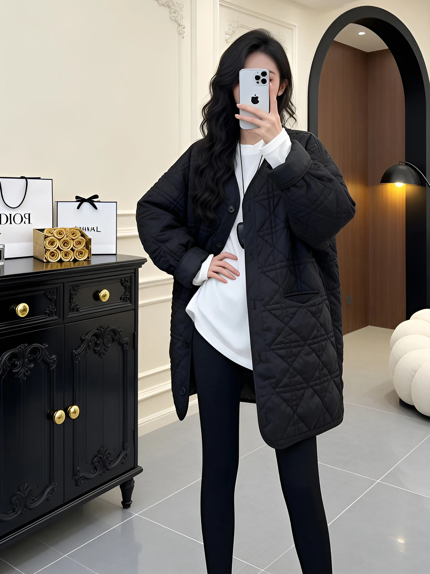 Elegant Lightweight Cotton Jacket Quilted Diamond Pattern Lazy Style Mid-Length Women's Design Cotton Coat Korean Version