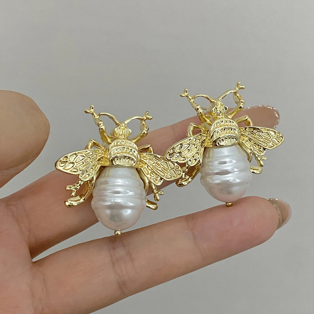 Lifefontier Silver Gold Color Bee Irregular Pearl Drop Earrings Vintage Creative Insect Big Earring Women\'s Jewelry Gifts 2023