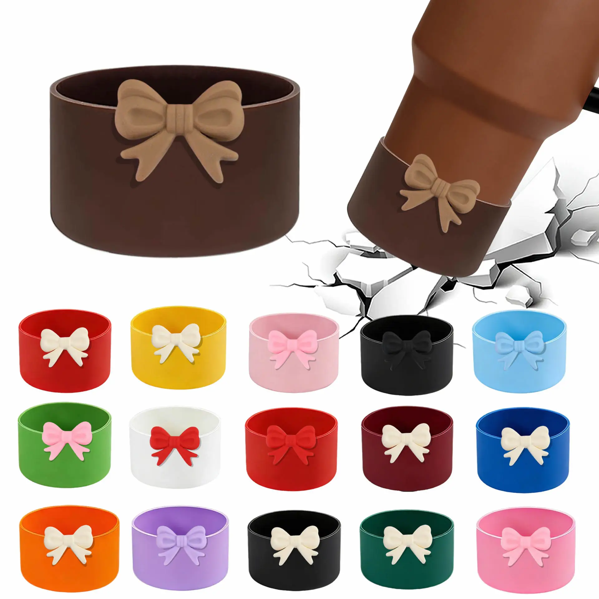 Heat-Insulating Silicone Cup Sleeve with Bow Decoration Anti-Collision 7.5cm Fits 30oz 40oz Cups Protective Cup Boot Mat