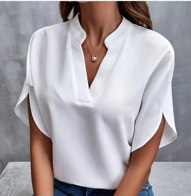 Camisa de manga corta con encaje liso para mujer, blusa informal básica con cuello en V Regular