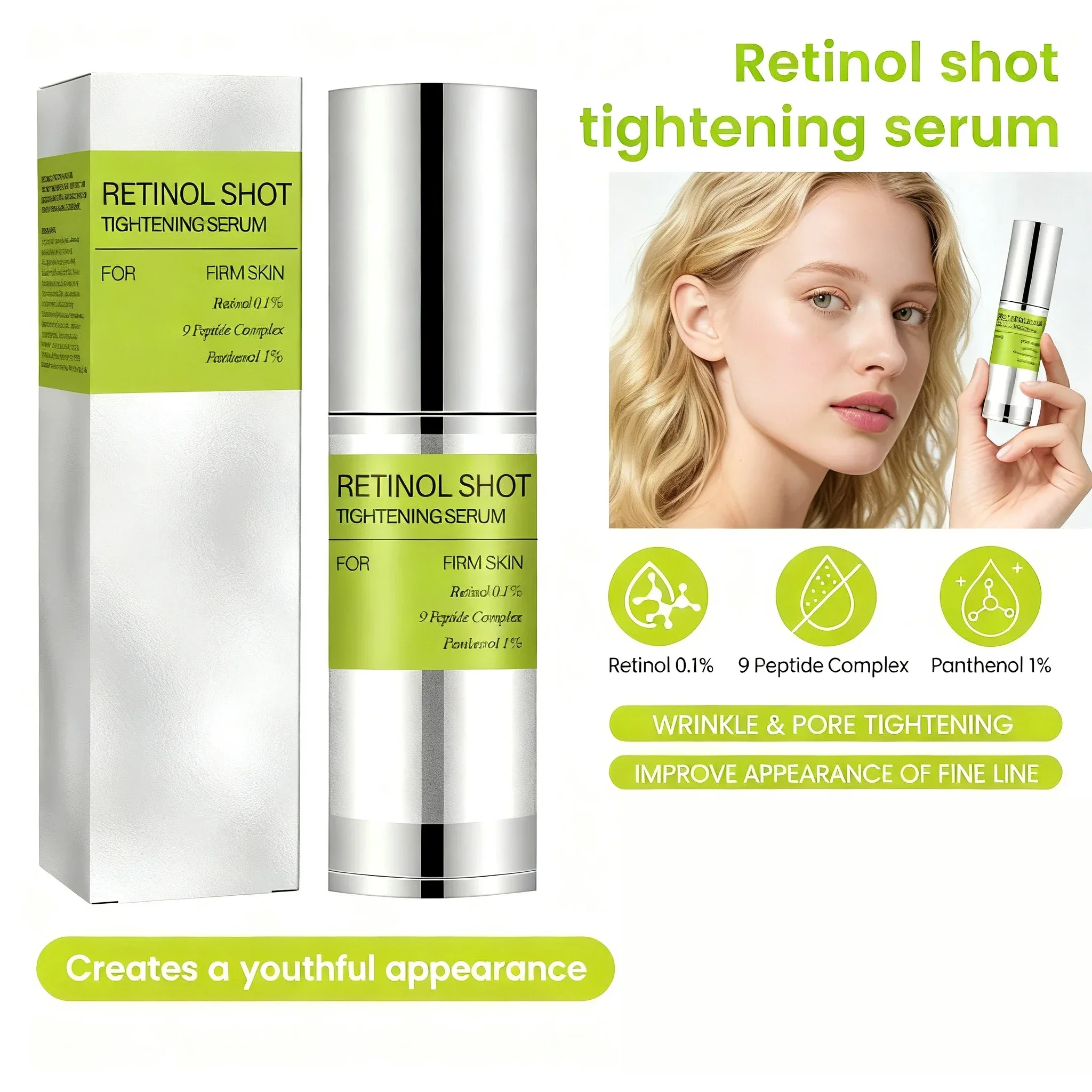 Suero reafirmante por inyección de retinol con retinol al 0,1% y complejo de 9 péptidos |   Para reafirmar la piel, reducir las arrugas y minimiza los poros.