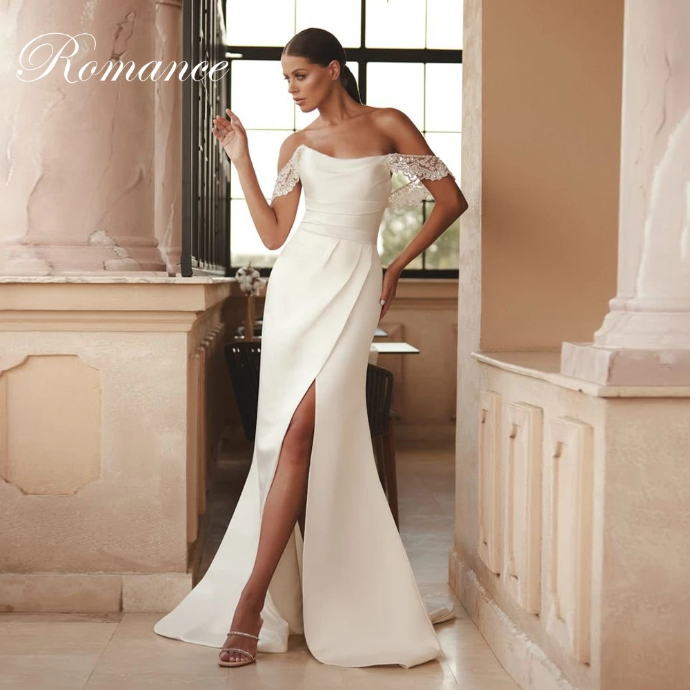 클래식 플리츠 머메이드 웨딩드레스 여성 레이스 보트넥 오프숄더 하이 사이드 슬릿 오픈백 베스티도스 데 노비아 맞춤 제작