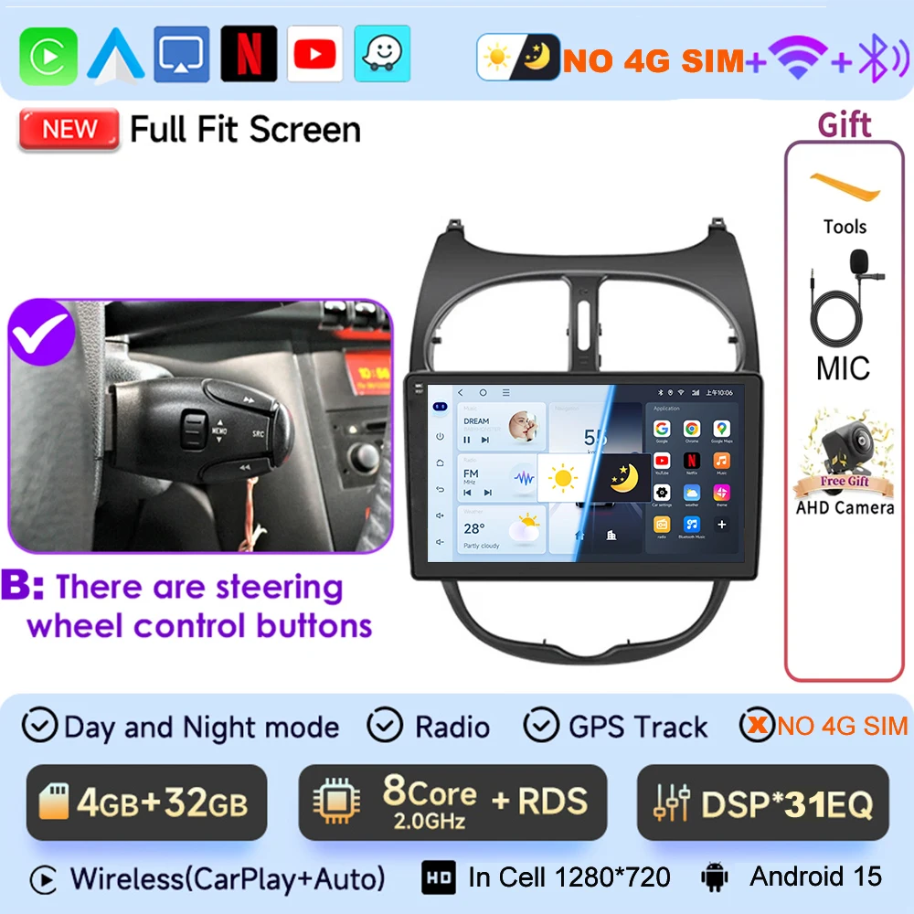 JIUYIN 9“ autoradio voor Peugeot 206 206CC 206SW 2000-2008 Android15 multimedia met CarPlay auto video speler stereo GPS scherm