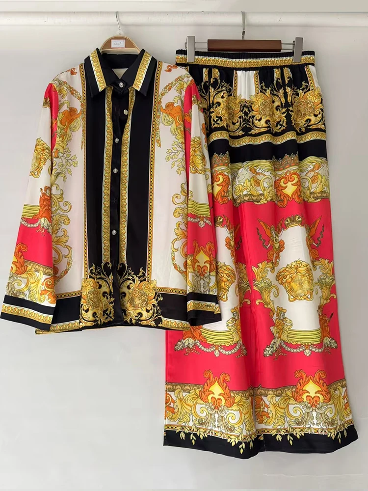 

Spring 2025 women's wear retro positioning: A two-piece geometric printed straight shirt set + loose wide-leg pants fashion suit