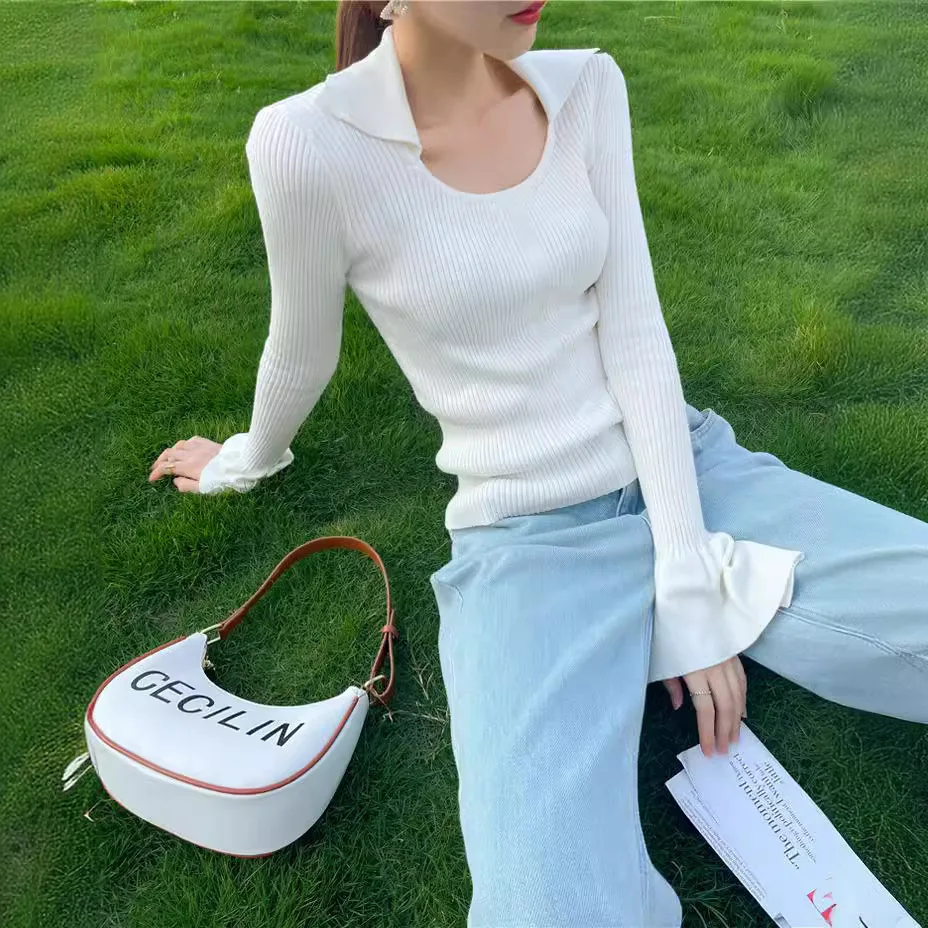 

3500 French Style Turn-Down Collar Exposed Collarbone Small U-Neck Flared Sleeve Design Slim Fit Slimming Knitted Sweater Inner