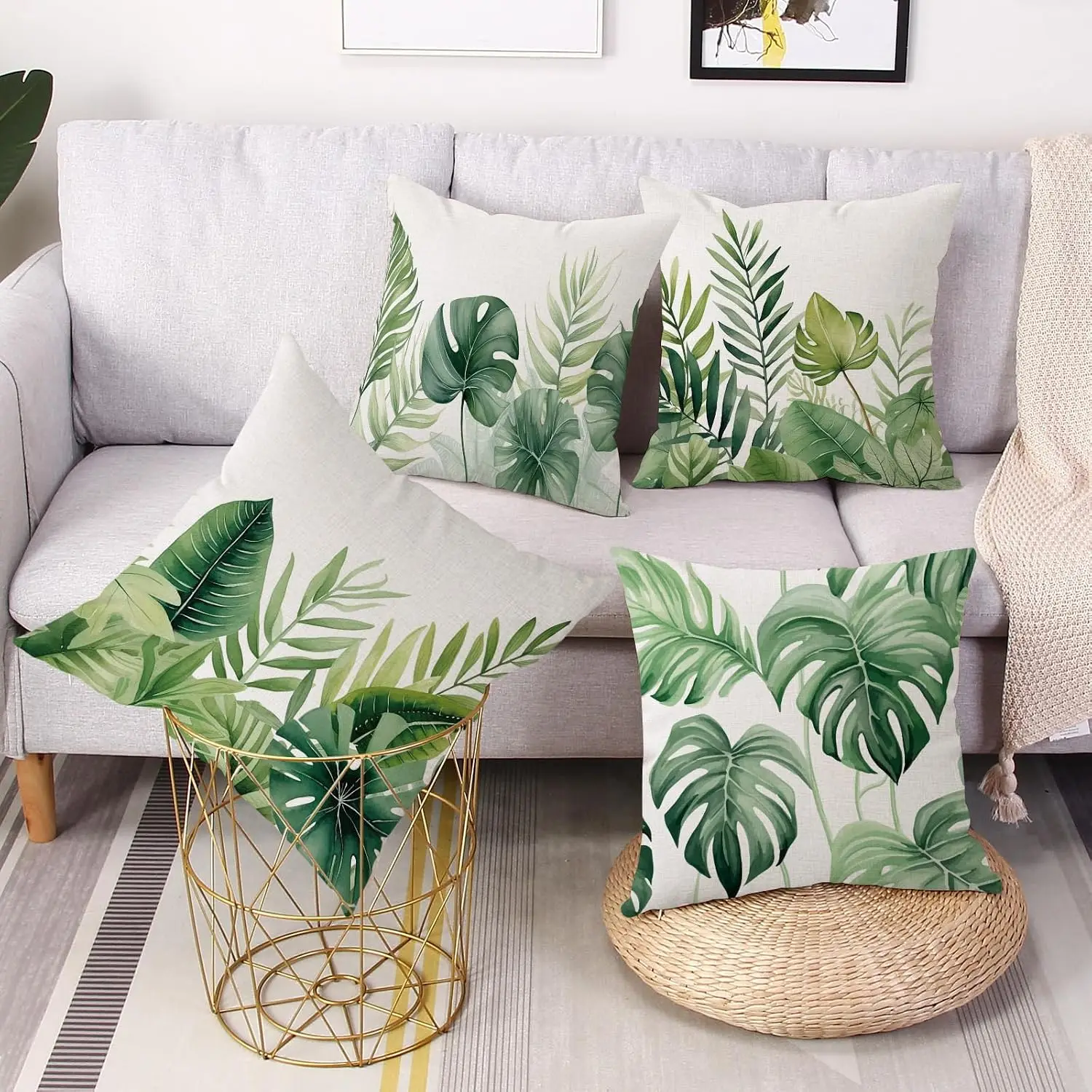 4-Piece Throw Pillow Covers Set Tropical Jungle Print Monstera Leaf Boho Polyester Cushion Covers for Home Decor Indoor Accent P