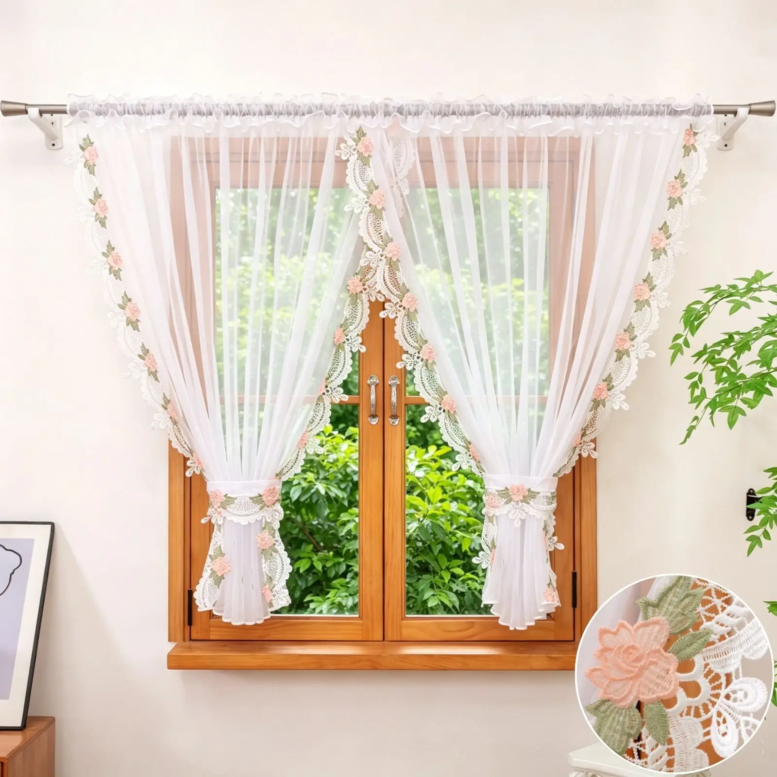 1PC Floral Embroidered Lace Sheer Curtain, Light Filter Drape for Bedroom Living Room Kitchen, Warm Housewarming Gift