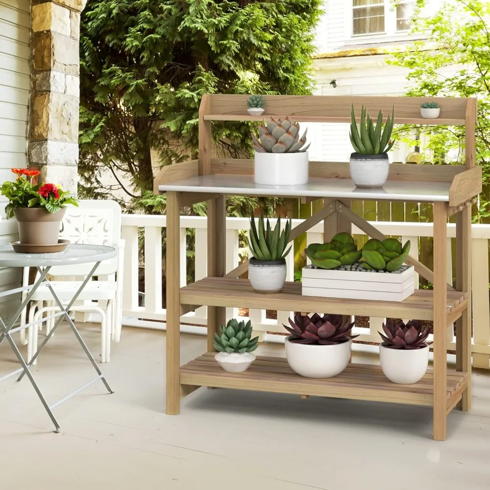 Garden Bonsai Bench with 2 Storage Shelves, Cedar Structure and Metal Tabletop, Garden Table Bonsai Bench