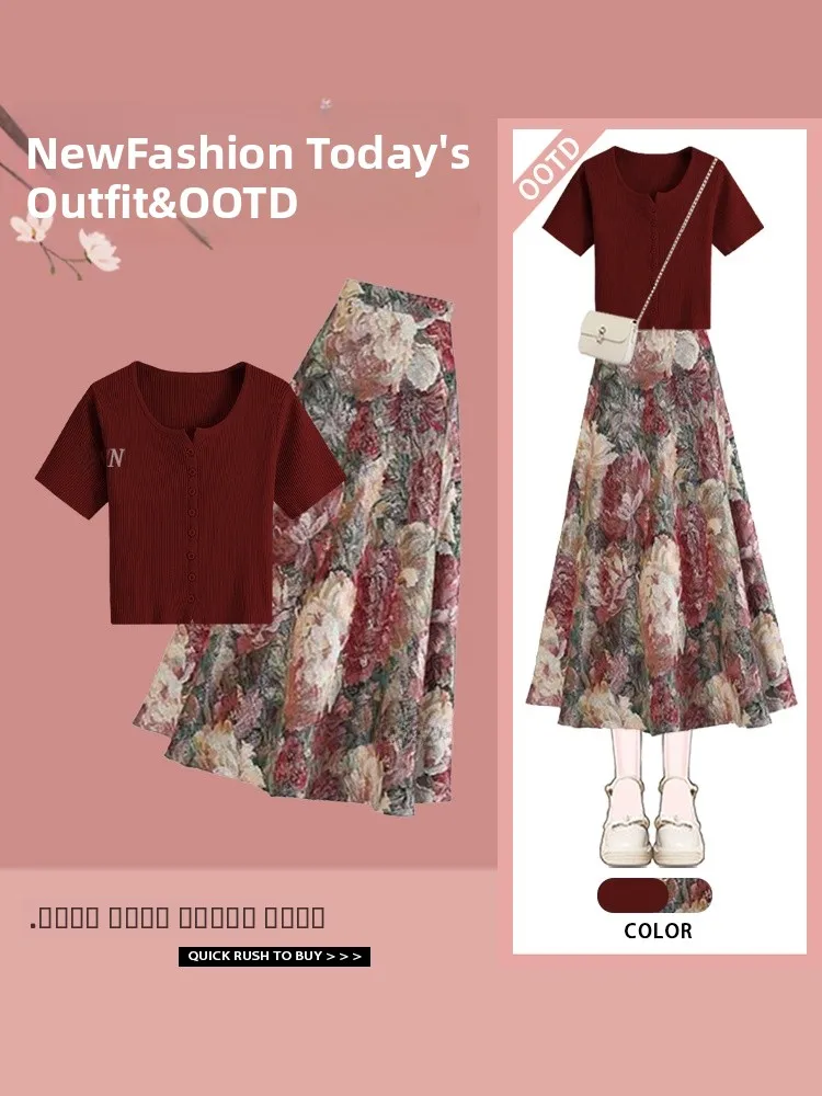 

Летний комплект с юбкой с цветочным принтом, женская однотонная трикотажная футболка ort Sve, утягивающая модная французская футболка из двух предметов...