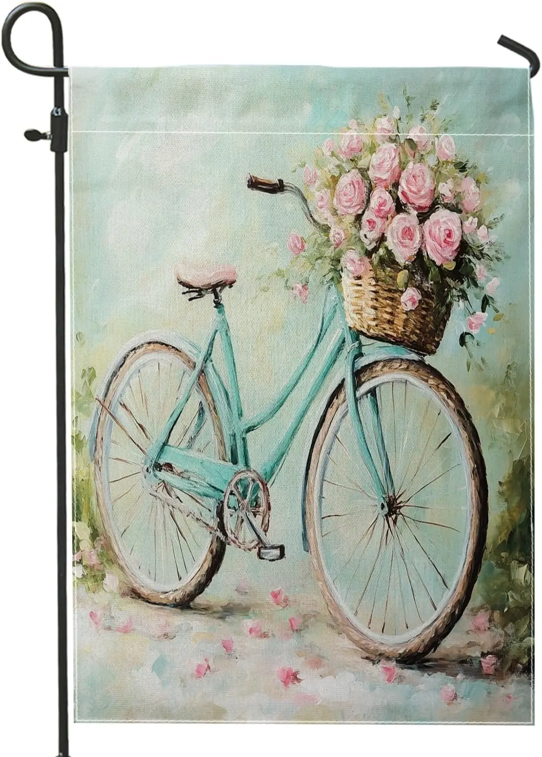 Bike Garden Flag, Spring Vintage Flowers Basket Spring Teal Double Sided Burlap Yard Decorative Flags for Outdoor Patio Lawn PPM