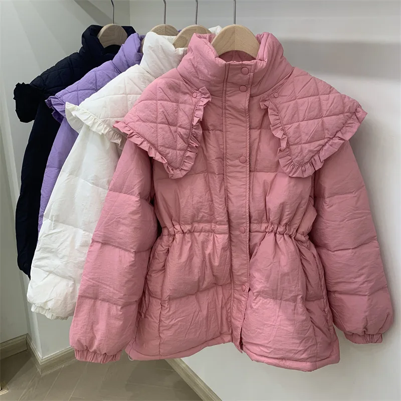 2022 Women Autumn Winter Loose Padded Zipper Solid Color Short Jacket Stand Doll Collar Casual All Match White Duck Down Coat