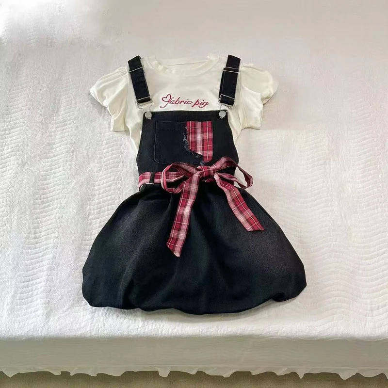 

Y2k Aesthetic Sweet Sets Woman Japanese Kawaii Lolita Dress Slim Crop Tops High Waist Vintage Denim Mini Dress Spicy Girls