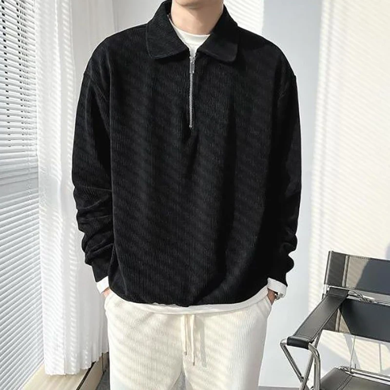 Fall Corduroy Long Sleeve Men Polo T Shirts Casual Harajuku Fashion Oversized Pullovers White Black Grey Hip Hop Punk Streetwear