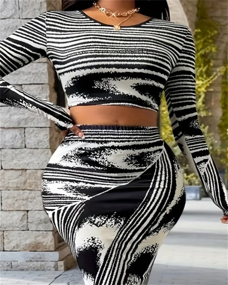 Dress Sets Women Casual Simple sexy Fashion Elegant Printed Short Tops Pullover Dresses Suits  Female Slim Two Piece Sets
