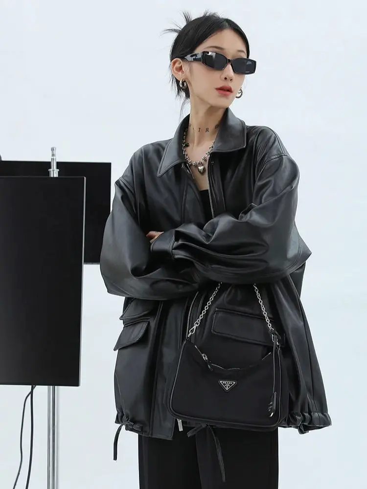 2024 Spring Autumn Oversized Casual Waterproof Black Soft Pu Leather Jacket Women with Drop Shoulder Long Sleeve Fashion