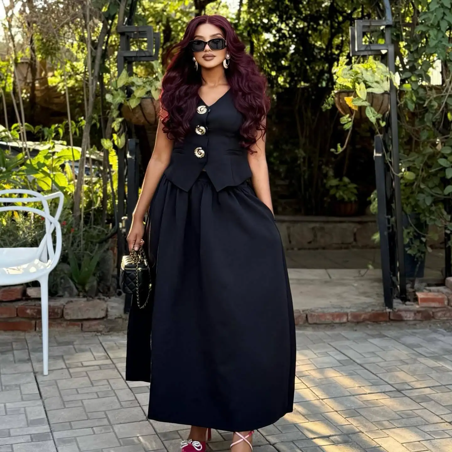 

Ladies Black 2-Piece Outfit Sleeveless Vest + Flared Maxi Skirt For Party & Office