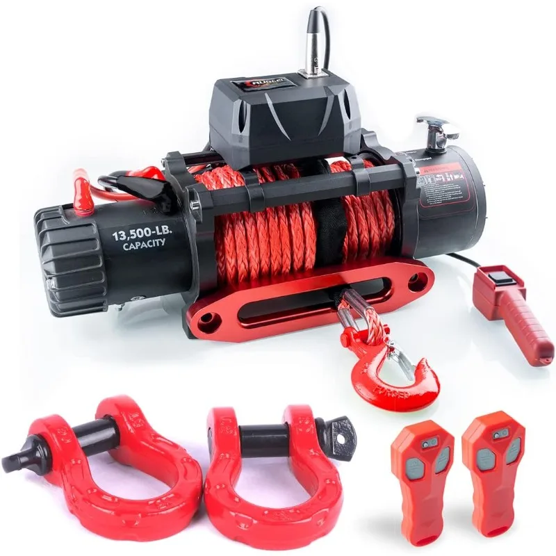 

GRIPWAY 13500lb Waterproof Electric Red Synthetic Rope Winch with Hawse Fairlead, Infrared Remote Control and Wired