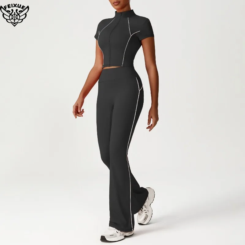 Seamless Yoga Sets Sports Fitness High Waist Hip-lifting Flared Pants Backless Bra Suits Workout Gym Leggings Sets for Women