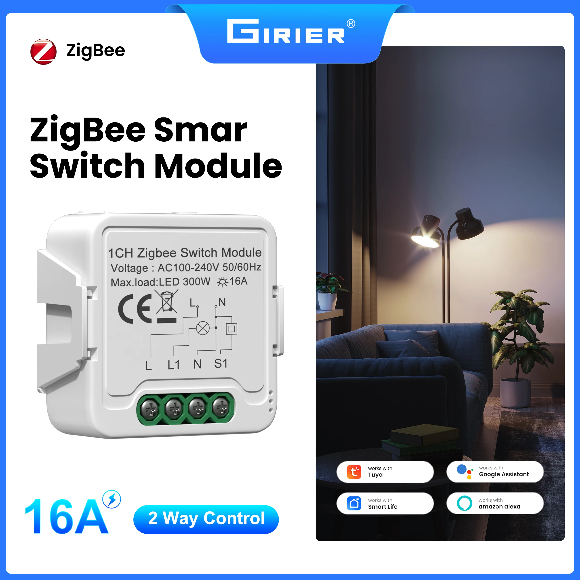 

Модуль переключателя GIRIER Tuya Smart ZigBee 3.0 16A DIY Универсальное реле для домашней автоматизации поддерживает двустороннее управление работает с Alexa