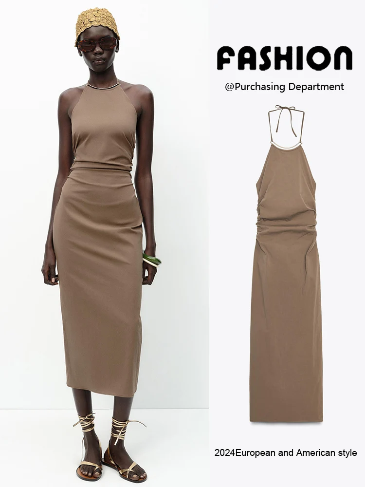 

Ele Summer New Arrival Women's Svel Midi Dr Ne Hanging Accory Long Evening Gown Pure Color Par Dr