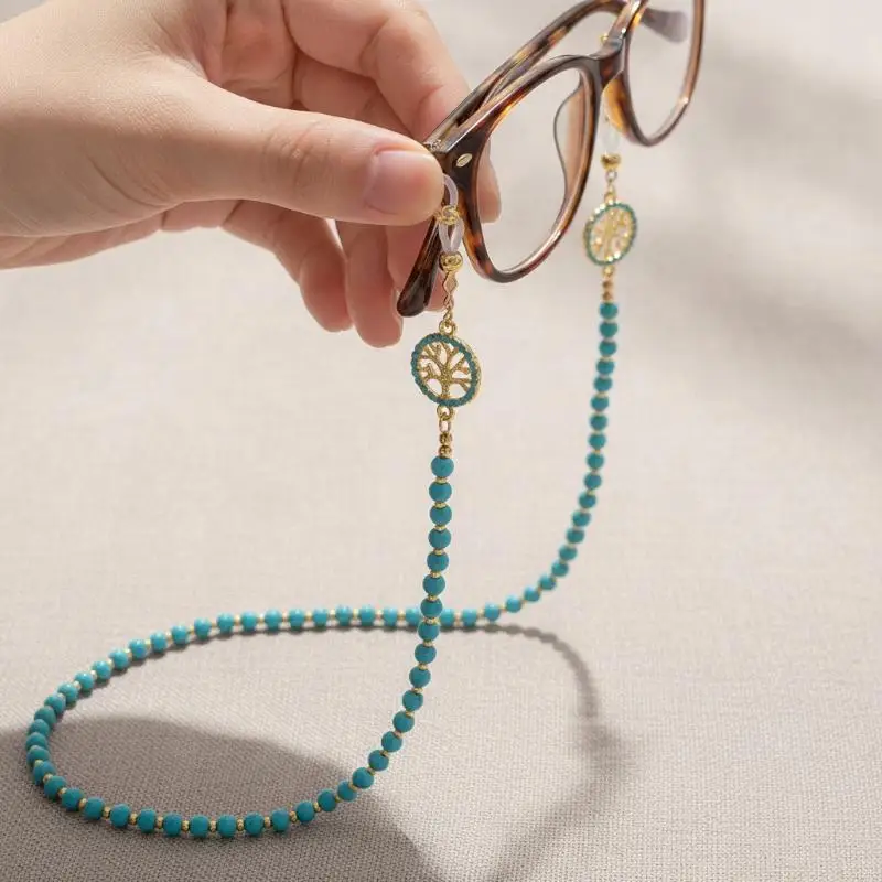 Imitation Turquoise Glasses Retainer Chain Long Bead Diamond Inlaid Hypoallergenic Eyewear Strap for Sensitive Skin
