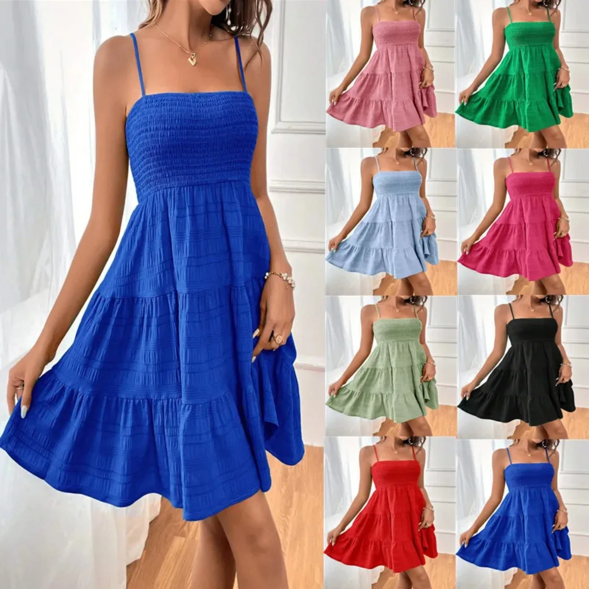 Vestido Mini Feminino de Verão Casual com Alças Finas, Bustier Franzido, Babados em Camadas e Saia Rodada Azul para Praia e Férias