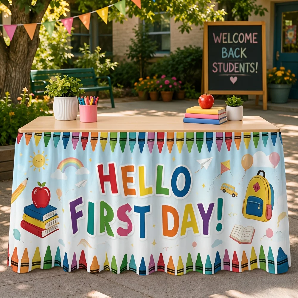 One-piece Hello! First-day Printed Table Skirt, Back-to-School Season Welcome Tablecloth