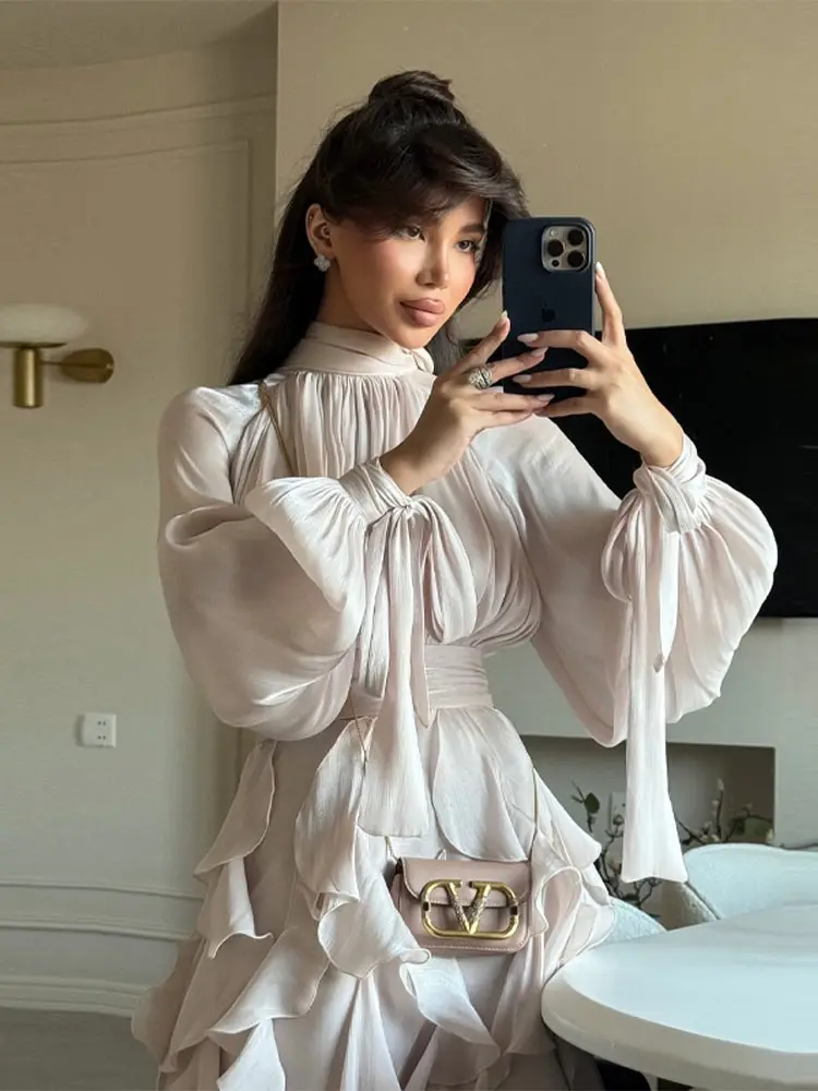 

Elegant Ruffle Flounced Dress Women Solid Long Sleeve Lace Up Half High Collar Slim Fit Long Vestidos 2025 Autumn Party Robe