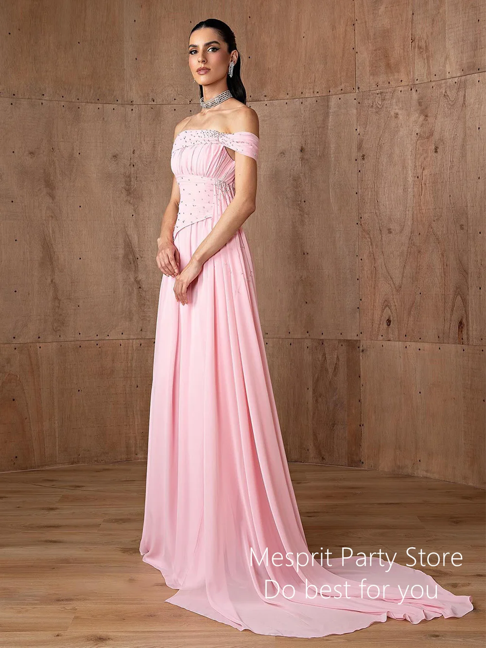 Pink Evening Dress Off The Shoulder Boat Neck Customized Pleat Beading Wedding Party Gown Chiffon Arabian Prom Dresses image 3