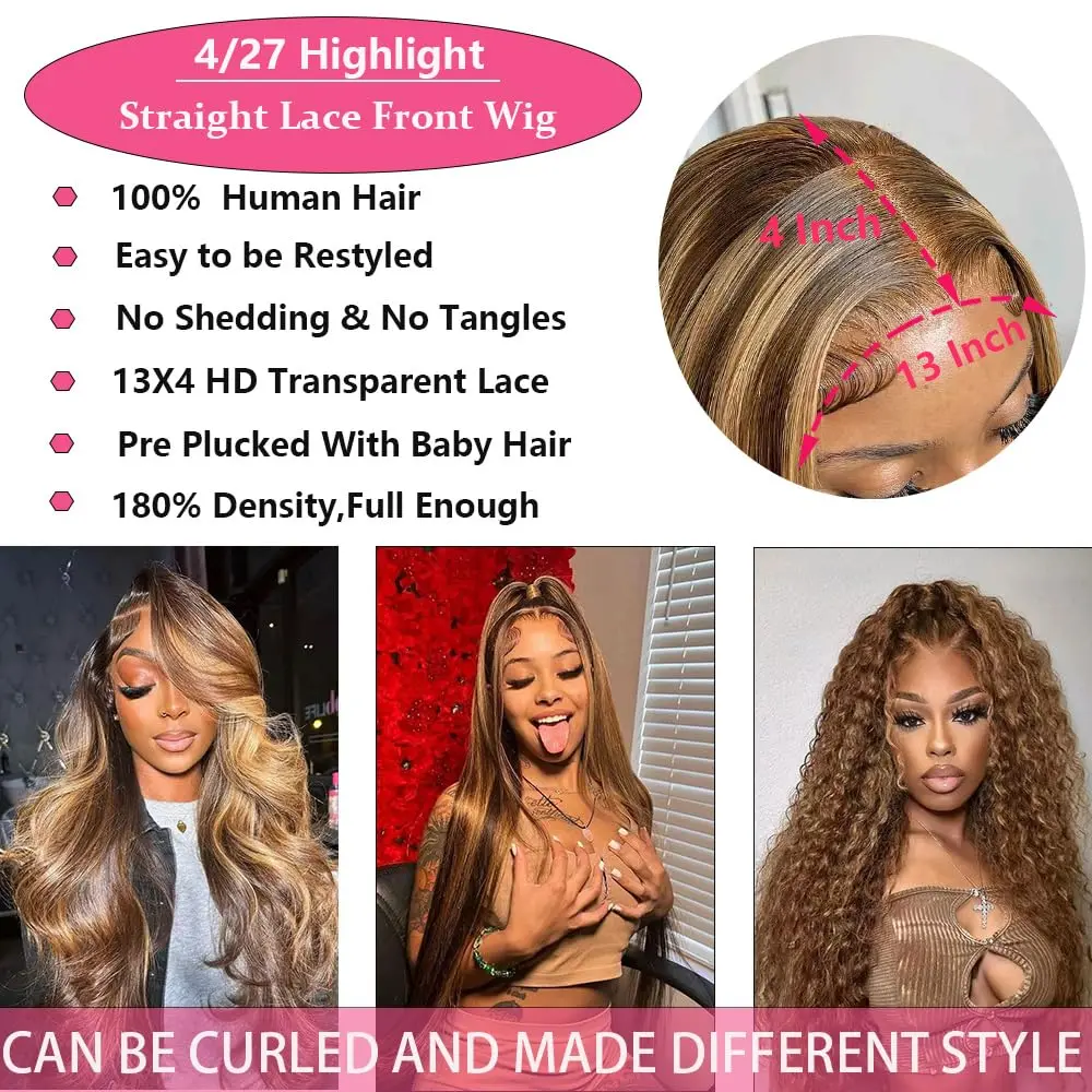 密度200 P4_27 ハイライトフロントレース 生え際処理済み カラーストレートフロントウィッグ 13x4 HD透明レース 人毛ウィッグ